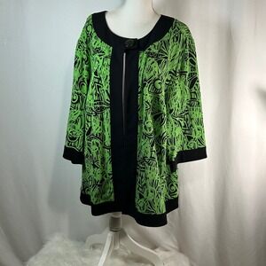 Maggie Barnes Women's 3X Green Black Abstract Open Front Long Sleeve Cardigan